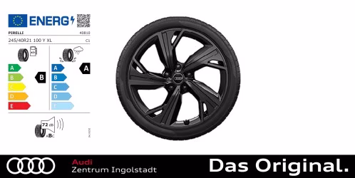 Original Audi A6 e-tron 21 Zoll Sommerkomplettradsatz im 5-Arm-Dynamik mit RS-Schriftzug Vorderachse: Pirelli PZERO 245/40 R21 100Y XL 8,5Jx21 ET 46  Hinterachse: Pirelli PZERO 275/35 R21 103Y XL 9,5Jx21 ET 63
