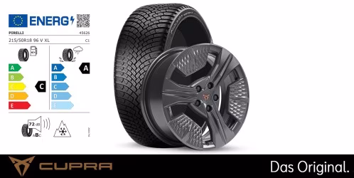Original SEAT CUPRA Raval 18 Zoll Winterkomplettradsatz Defier Machined schwarz Pirelli CINTURATO WINTER 3 215/50 R18 96 V XL 7,0J x 18 ET42 DOT 25